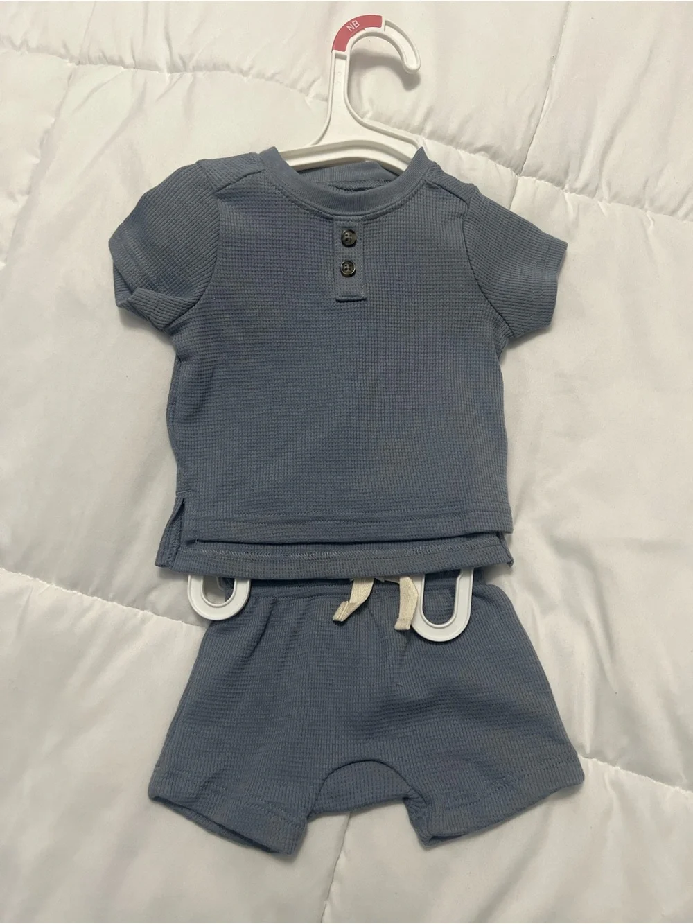 Newborn boy Short Sleeve Waffle Knit Set in Slate Blue